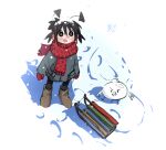  1girl @_@ animal antennae bird black_eyes black_hair black_thighhighs boots brown_footwear coat fang gloves grey_coat ime-chan_(ime44) jean_bomjan looking_up open_mouth original red_gloves red_scarf scarf short_twintails sled smile snow snow_on_head snowflakes thighhighs twintails white_background winter winter_clothes winter_gloves 