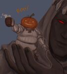  2boys alcohol armor beer black_skin blue_background closed_mouth colored_sclera colored_skin crown dark-skinned_male dark_skin dark_souls_(series) dark_souls_iii giant halloween_costume hand_up highres holding hood hood_up multiple_boys pumpkin_on_head red_eyes red_sclera siegward_of_catarina simple_background sleepysolaire smile tankard yhorm_the_giant 