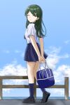  1girl absurdres alternate_costume bag black_footwear blue_skirt blue_sky blue_socks bulu0103 closed_eyes cloud clover_hair_ornament day green_eyes green_hair hair_ornament highres indie_virtual_youtuber long_hair looking_back outdoors sailor_collar school_bag school_uniform short_sleeves skirt sky smile socks solo standing sumi_suya virtual_youtuber 