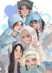  animification bae_(nmixx) blonde_hair blue_headwear blue_hoodie blue_shirt blush braid brown_eyes collared_shirt everyone finger_gun fish green_headwear haewon_(nmixx) head_tilt heart highres hood hood_down hood_up hoodie jiwoo_(nmixx) k-pop kyujin_(nmixx) lily_(nmixx) linpinru long_hair looking_at_viewer medium_hair nmixx parted_lips real_life shirt smile sparkle star_(symbol) sullyoon_(nmixx) twin_braids white_hoodie yellow_headwear 