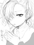  1girl character_request cigarette copyright_request fire forehead greyscale hair_over_one_eye holding holding_lighter jitome lighter looking_at_viewer monochrome mouth_hold oekaki shoukaki_(earthean) sketch smoking solo upper_body 