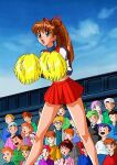  1990s_(style) absurdres audience breasts brown_hair cheering cheerleader gals_panic_s2 high_ponytail highres holding holding_pom_poms kaneko_seisakusho large_breasts long_sleeves miniskirt non-web_source open_mouth pom_pom_(cheerleading) ponytail retro_artstyle ribbon shinjou_akemi skirt strip_game undressing vs_mahjong_otome_ryouran 