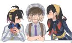  1girl 2boys black_hair brown_hair carmine_(pokemon) closed_eyes crossed_arms crossed_bangs dohyo123123 florian_(pokemon) gloves hair_between_eyes hat highres jacket kieran_(pokemon) long_hair long_sleeves meme mole mole_under_eye multiple_boys necktie pokemon pokemon_sv puckered_lips purple_hair purple_necktie red_gloves red_hair simple_background single_glove spinning_head the_weaker_sex_1_(gibson) upper_body white_background 