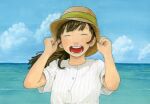 1girl ^_^ adjusting_clothes adjusting_headwear brown_hair closed_eyes cloud cloudy_sky commentary day facing_viewer green_ribbon hat hat_ribbon long_hair ocean open_mouth original outdoors ribbon shirt sky solo straw_hat striped_clothes striped_shirt teeth upper_body water white_shirt wtnbmotimoti 