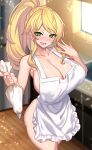  1girl :d absurdres apron bare_arms bare_shoulders blonde_hair blurry blurry_background breasts character_request commentary commission copyright_request cowboy_shot empty_eyes green_eyes highres huge_breasts indoors long_hair looking_at_viewer naked_apron nez-box open_mouth ponytail smile solo standing thighs white_apron 