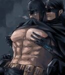  2boys abs bara bare_pectorals batman batman_(series) belt black_bodysuit black_cape black_hair bodysuit bruce_wayne cape clothes_lift dc_comics dick_grayson father_and_son fuji_biotope6 grabbing grabbing_from_behind groping incest large_pectorals looking_at_another male_focus mask multiple_boys muscular muscular_male navel nightwing nipple_tweak nipples pectoral_grab pectorals short_hair smile yaoi 