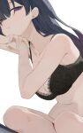  1girl aqua_nails black_bra black_hair bra breasts collarbone commentary fingernails highres hiroki_(yyqw7151) large_breasts long_hair looking_at_viewer nail_polish navel original purple_eyes simple_background sitting solo underwear white_background 