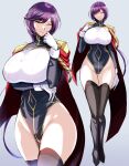  1girl aiguillette black_footwear black_leotard boots breasts cape character_request copyright_request full_body gloves highleg highleg_leotard highres huge_breasts kumakichi_(cost-lost) leotard long_sleeves looking_at_viewer multiple_views one_eye_closed purple_eyes purple_hair red_cape short_hair smile swept_bangs thigh_boots white_gloves 