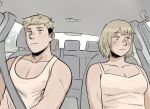  1boy 1girl blank_stare blush breasts brother_and_sister car_interior cleavage dgae_715 dungeon_meshi falin_thorden highres laios_thorden looking_ahead medium_breasts parody_request pectoral_cleavage pectorals siblings sitting tank_top thick_eyebrows toned toned_male upper_body white_tank_top 