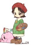  1girl adeleine beret black_hair blush_stickers brown_footwear copyright_name green_shirt hat highres holding holding_paintbrush holding_palette kirby kirby_(series) kirby_64 long_shirt looking_at_viewer nama_udon paintbrush palette_(object) purple_eyes red_headwear shirt shoes short_hair simple_background smile white_background 