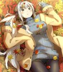  1girl :o autumn_leaves black_pantyhose blue_shorts blush breasts coat commentary_request cowboy_shot flower ganmodoki_(ganmo_illust) grey_hair grey_sweater hair_flower hair_intakes hair_ornament highres large_breasts leaf leaf_pile long_hair looking_at_viewer low_side_ponytail lying mahjong_soul maple_leaf on_back open_clothes open_coat open_mouth pantyhose ribbed_sweater short_shorts shorts sleeves_past_wrists solo sweater very_long_hair yagi_yui yellow_coat yellow_eyes 