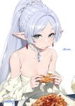 1girl absurdres alcohol braid breasts cellphone cleavage cup dangle_earrings dress drinking_glass drop_earrings earrings eating elf food food_on_face frieren green_eyes grey_hair highres holding holding_food incredibly_absurdres jewelry looking_at_viewer phone plate pointy_ears small_breasts smartphone solo sousou_no_frieren tizibade weibo_username white_background white_dress wine_glass 