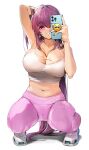  1girl bangs bare_arms bare_shoulders blush breasts cameltoe cellphone cleavage damda eyebrows_visible_through_hair fate/grand_order fate_(series) full_body large_breasts long_hair navel nike pants parted_lips phone pink_pants purple_eyes purple_hair scathach_(fate) shirt shoes sleeveless smartphone smile sneakers solo symbol-only_commentary white_footwear white_shirt 