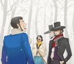  3boys arsene_lupin_iii bare_tree black_hair black_jacket blue_jacket cigarette fedora forest halorane hands_in_opposite_sleeves hat hat_over_one_eye highres ishikawa_goemon_xiii jacket jigen_daisuke long_sideburns long_sleeves lupin_iii male_focus mouth_hold multiple_boys nature necktie open_mouth outdoors purple_shirt scarf shirt short_hair sideburns snowing teeth tongue tongue_out tree two-tone_scarf upper_teeth_only white_necktie white_scarf winter yellow_scarf 