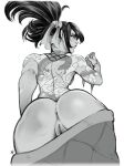  1girl akali anus arm_tattoo ass back_tattoo cowboy_shot double_daggers dragon_tattoo from_below greyscale hair_ribbon highres holding league_of_legends monochrome ponytail pussy ribbon shiny_skin skirt solo tattoo 