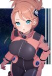  1girl :o aida_rayhunton black_bodysuit blue_eyes blush bodysuit breasts campbell_xx commentary_request floating_hair glint gloves gundam gundam_g_no_reconguista hair_ornament highres large_breasts looking_at_viewer parted_lips pilot_suit pink_bodysuit pink_gloves pink_hair skin_tight solo space spacesuit star_(sky) thigh_gap two-tone_bodysuit zero_gravity 