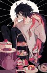  1boy artist_name bags_under_eyes black_background black_eyes black_hair black_pants cake cellphone cellphone_charm chair charm_(object) collarbone death_note dessert doughnut flip_phone food food_on_face hair_between_eyes highres holding holding_phone l_(death_note) long_sleeves male_focus messy_hair pants parfait phone shirt short_hair sitting solo strawberry_parfait teapot thumb_to_mouth vacuumchan white_shirt 