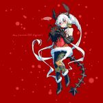  ... 1girl 2023 abyssal_ship bell black_footwear black_hoodie boots christmas dress fast_light_carrier_water_demon fur-trimmed_dress fur_trim hair_bell hair_between_eyes hair_ornament highres holding hood hoodie horns kantai_collection long_hair merry_christmas oso_(toolate) red_background red_dress red_hair simple_background sleeveless sleeveless_dress solo spoken_ellipsis sweat very_long_hair white_hair 