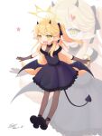  1girl black_dress black_footwear black_gloves black_horns black_pantyhose black_tail black_wings blonde_hair blue_archive blush commentary dated demon_horns demon_tail demon_wings dofus_(icyboon) dress full_body gloves halo highres horns ibuki_(blue_archive) ibuki_(dress)_(blue_archive) long_hair official_alternate_costume open_mouth pantyhose pointy_ears shoes side_ponytail signature simple_background smile solo tail white_background wings yellow_eyes yellow_halo zoom_layer 