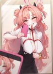  1girl black_horns black_skirt blue_archive blush breasts cellphone demon_horns greenteamousou grin highres horns kirara_(blue_archive) large_breasts long_hair looking_at_viewer phone pink_hair red_eyes shirt skirt smartphone smile solo white_shirt 