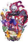  1boy balloon crossed_arms disgaea disgaea_rpg full_body hair_between_eyes headband highres male_focus mao_(disgaea) official_art pointy_ears purple_headband red_eyes shirt shoelaces smile transparent_background white_hair white_shirt 