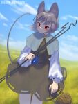  1girl absurdres animal_ears brown_dress capelet dress grey_capelet grey_hair highres mouse mouse_ears mouse_girl mouse_tail nazrin outdoors red_eyes roman_komarov shirt solo tail touhou white_shirt 