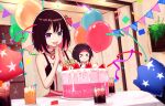  &gt;_&lt; 1girl azki_(2nd_costume)_(hololive) azki_(3rd_costume)_(hololive) azki_(hololive) balloon birthday_cake bob_cut cake cup detached_collar dress food fruit happy_birthday highres hololive indoors inverted_bob medium_hair oeyama palms_together purple_eyes short_dress sleeveless sleeveless_dress soda solo strawberry streamers upper_body 