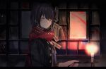 1boy 75mm_sad black_hair blue_coat candle coat holding long_sleeves looking_at_viewer mashiro_meme nijisanji ofuda parted_lips red_nails red_scarf scarf short_hair solo upper_body virtual_youtuber yellow_eyes 