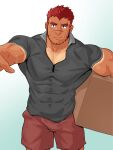  1boy akashi_(live_a_hero) bara box bulge cardboard_box carrying carrying_under_arm chiseled_face covered_nipples cowboy_shot facial_hair goatee highres kansuke_(kansuke_717) large_pectorals live_a_hero long_sideburns looking_at_viewer male_focus muscular muscular_male pectoral_cleavage pectorals polo_shirt red_eyes red_hair scar scar_on_face scar_on_nose short_hair short_shorts shorts sideburns smile solo sweat tan thick_eyebrows very_sweaty 