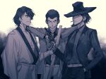  3boys arm_hair arm_out_of_sleeve arms_on_another&#039;s_shoulder arsene_lupin_iii bare_pectorals beard cigarette closed_mouth evil_grin evil_smile facial_hair fedora frown grin gun halorane hand_in_pocket hat highres holding holding_gun holding_sword holding_weapon ishikawa_goemon_xiii japanese_clothes jigen_daisuke long_sideburns long_sleeves looking_at_viewer lupin_iii male_focus monochrome mouth_hold multiple_boys necktie pants pectorals short_hair sideburns smile smith_&amp;_wesson_model_19 sword tie_clip weapon 