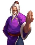  belt chinese_clothes gen_(street_fighter) hair_bun highres no_pupils old purple_shirt red_belt shirt simple_background single_hair_bun standing street_fighter taunting teeth white_beard white_hair 