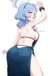  1girl ako_(blue_archive) ako_(dress)_(blue_archive) ass back backless_dress backless_outfit bare_shoulders blue_archive blue_dress blue_eyes blue_hair blush breasts chain cuffs dress earrings hair_between_eyes hairband halo highres jewelry large_breasts looking_at_viewer looking_back medium_hair open_mouth shackles shouhei sideboob solo 