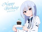  1girl black_bow black_bowtie blue_background blue_eyes blue_gemstone blue_hair blunt_ends blush bow bowtie brooch commentary_request cupcake dated dress dress_bow earrings falling_feathers food frilled_dress frills gem german_shiroishi gradient_background happy_birthday holding holding_plate jewelry light_blue_hair long_hair long_sleeves looking_at_viewer macaron parted_lips plate shiratori_rena sidelocks smile solo straight_hair virtual_youtuber voice-ore white_dress 