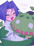  1boy absurdres ameya_(okemu_ame) blue_hair blush carnivine closed_eyes fang happy highres james_(pokemon) pokemon pokemon_(anime) pokemon_(classic_anime) pokemon_(creature) pokemon_dppt_(anime) smile teardrop white_background 