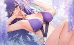  1girl alternate_costume armpits ayul_(ayulneri_92) bare_arms bare_shoulders bikini breasts cleavage collarbone commentary_request genshin_impact highres large_breasts long_hair looking_at_viewer lying navel on_back partially_submerged petals purple_bikini purple_eyes purple_hair raiden_shogun solo swimsuit thighs water 