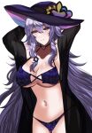  1girl arms_up bikini black_headwear black_swan_(honkai:_star_rail) blue_sealad breasts commentary cowboy_shot highres honkai:_star_rail honkai_(series) large_breasts long_hair looking_at_viewer navel purple_bikini purple_hair simple_background solo standing stomach swimsuit very_long_hair white_background yellow_eyes 