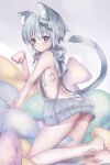  1girl animal_ear_fluff animal_ears ass backless_dress backless_outfit bare_arms bare_back bare_legs bare_shoulders barefoot blue_eyes blush bow cat_ears cat_girl cat_tail closed_mouth commentary_request dress ech green_bow grey_hair hair_between_eyes hair_bow long_hair looking_at_viewer looking_to_the_side meme_attire original panties pillow sleeveless sleeveless_turtleneck solo striped_clothes striped_panties sweater sweater_dress tail turtleneck turtleneck_sweater underwear virgin_killer_sweater white_panties 