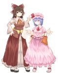  2girls ascot bag bangs black_footwear blush bow breasts brown_eyes brown_hair closed_mouth commentary_request cookie_(touhou) detached_sleeves expressionless footwear_bow frilled_bow frilled_hair_tubes frilled_shirt_collar frilled_skirt frills full_body haiperion_buzan hair_between_eyes hair_bow hair_tubes hakurei_reimu hand_on_hip hat hat_ribbon highres kanna_(cookie) long_skirt looking_at_viewer medium_breasts mob_cap multiple_girls pink_shirt pink_skirt puffy_short_sleeves puffy_sleeves purple_hair red_ascot red_bow red_eyes red_ribbon red_shirt red_skirt remilia_scarlet ribbon ribbon_trim sakura_(cookie) shirt short_hair short_sleeves simple_background skirt sleeveless sleeveless_shirt small_breasts smile socks standing touhou w white_background white_legwear white_sleeves wrist_cuffs yellow_ascot yellow_bow zouri 