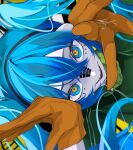  1girl alternate_costume aqua_eyes aqua_hair evil_smile facepaint facial_mark gloves goma_irasuto green_track_suit hair_between_eyes hatsune_miku headphones highres jacket long_hair looking_at_viewer matryoshka_(vocaloid) open_mouth orange_gloves shaded_face sidelocks sideways signature smile solo track_jacket track_suit twintails very_long_hair vocaloid yellow_background yellow_pupils 