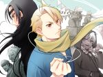  al13 bandana beard black_hair blonde_hair braid character_request facial_hair hood hoodie japanese_clothes multiple_boys multiple_girls mustache pennant red_eyes scarf statue yellow_scarf yomi_no_tsugai 