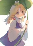  1girl animal blonde_hair blush frog hair_ribbon highres holding holding_leaf leaf long_hair looking_at_viewer moriya_suwako nig_18 open_mouth purple_skirt purple_vest red_ribbon ribbon simple_background skirt solo touhou tress_ribbon vest white_background yellow_eyes 