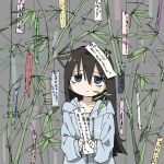  1girl black_hair blue_eyes fish frown highres hood hood_down hooded_jacket jacket long_hair looking_at_viewer mushroom sad shimeji_simulation tanabata translation_request tsukumizu_yuu tsukushima_shijima 