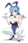  1girl animal_ears bare_shoulders blue_eyes blue_hair blue_leotard bow bowtie breasts cleavage covered_navel cup dated detached_collar double_bun drinking_glass fake_animal_ears gloves hair_bun high_heels highres kantai_collection kishi_nisen large_breasts leotard long_hair looking_at_viewer open_mouth panties pantyhose playboy_bunny rabbit_ears shadow smile solo squatting strapless strapless_leotard traditional_bowtie tray twitter_username underwear urakaze_(kancolle) waitress white_background white_gloves white_panties white_pantyhose wrist_cuffs 