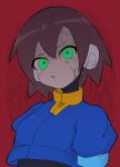  1girl absurdres aile_(mega_man_zx) anger_vein angry blue_jacket brown_hair buzzlyears cropped_jacket green_eyes highres jacket mega_man_(series) mega_man_zx robot_ears short_hair solo upper_body 