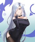  1girl absurdres bare_shoulders black_choker black_dress black_thighhighs blue_background blue_eyes blue_hair breasts choker commentary_request cowboy_shot dress genshin_impact gradient_background highres large_breasts long_hair long_sleeves looking_at_viewer off-shoulder_dress off_shoulder parted_lips q_meu shenhe_(genshin_impact) solo standing thighhighs very_long_hair 