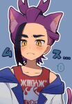  ... 1boy animal_ear_fluff animal_ears black_hair blush closed_mouth collarbone commentary_request grey_background highres jacket kieran_(pokemon) male_focus mole mole_on_neck multicolored_hair outline pokemon pokemon_sv purple_hair red_shirt shirt sleeveless sleeveless_shirt solo spoken_ellipsis tail tank_top two-tone_hair upper_body usagi_mochi_(nsi_0012) white_jacket yellow_eyes 