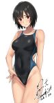  1girl adjusting_clothes adjusting_swimsuit amagami artist_name black_hair black_one-piece_swimsuit breasts brown_eyes commentary competition_swimsuit covered_navel cowboy_shot dated highres looking_at_viewer nanasaki_ai one-piece_swimsuit revision short_hair signature simple_background small_breasts smile solo swimsuit two-tone_swimsuit white_background yoo_tenchi 