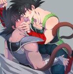  2boys after_kiss anamogu_(kuro771017) bangs bara bardock black_hair black_pants blush cheek_press chest_armor dark-skinned_male dark_skin dragon_ball dragon_ball_z eye_contact highres large_pectorals looking_at_another male_focus monkey_tail multiple_boys muscular muscular_male on_person pants pectorals saiyan_armor saliva saliva_trail scar scar_on_cheek scar_on_face short_hair sitting sitting_on_person spiked_hair tail tongue tongue_out tullece vambraces yaoi 