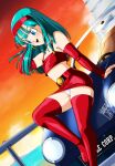  1girl aqua_hair arm_warmers artist_name bare_shoulders belt belt_skirt blue_eyes blush boots bra_(dragon_ball) car collarbone commentary danmakuman dragon_ball dragon_ball_gt earrings flat_chest hairband hand_up highres hoop_earrings jewelry long_hair midriff miniskirt motor_vehicle open_mouth panties red_hairband red_skirt signature sitting skirt smile strapless teeth thigh_boots tube_top underwear upper_teeth_only white_panties 