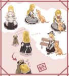  2girls animal_ears bangs bench black_headwear black_skirt blonde_hair blue_bow bow braid center_frills closed_eyes closed_mouth commentary_request cookie_(touhou) detached_sleeves dog frilled_hat frilled_skirt frills full_body haiperion_buzan hair_between_eyes hair_bow hat hat_bow highres inu_(cookie) inubashiri_momiji kirisame_marisa labrador_retriever long_hair long_skirt mars_(cookie) multiple_girls multiple_views open_mouth pug red_eyes red_scarf rei_no_himo scarf shirt side_braid single_braid sitting skirt smile tokin_hat touhou translation_request white_bow white_hair white_shirt white_sleeves witch_hat wolf_ears 